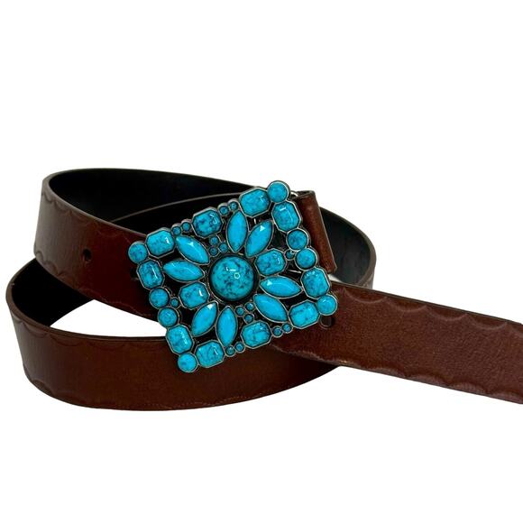 Faux Turquoise Belt buckle with Brown Tooled Leather Belt - Picture 1 of 8
